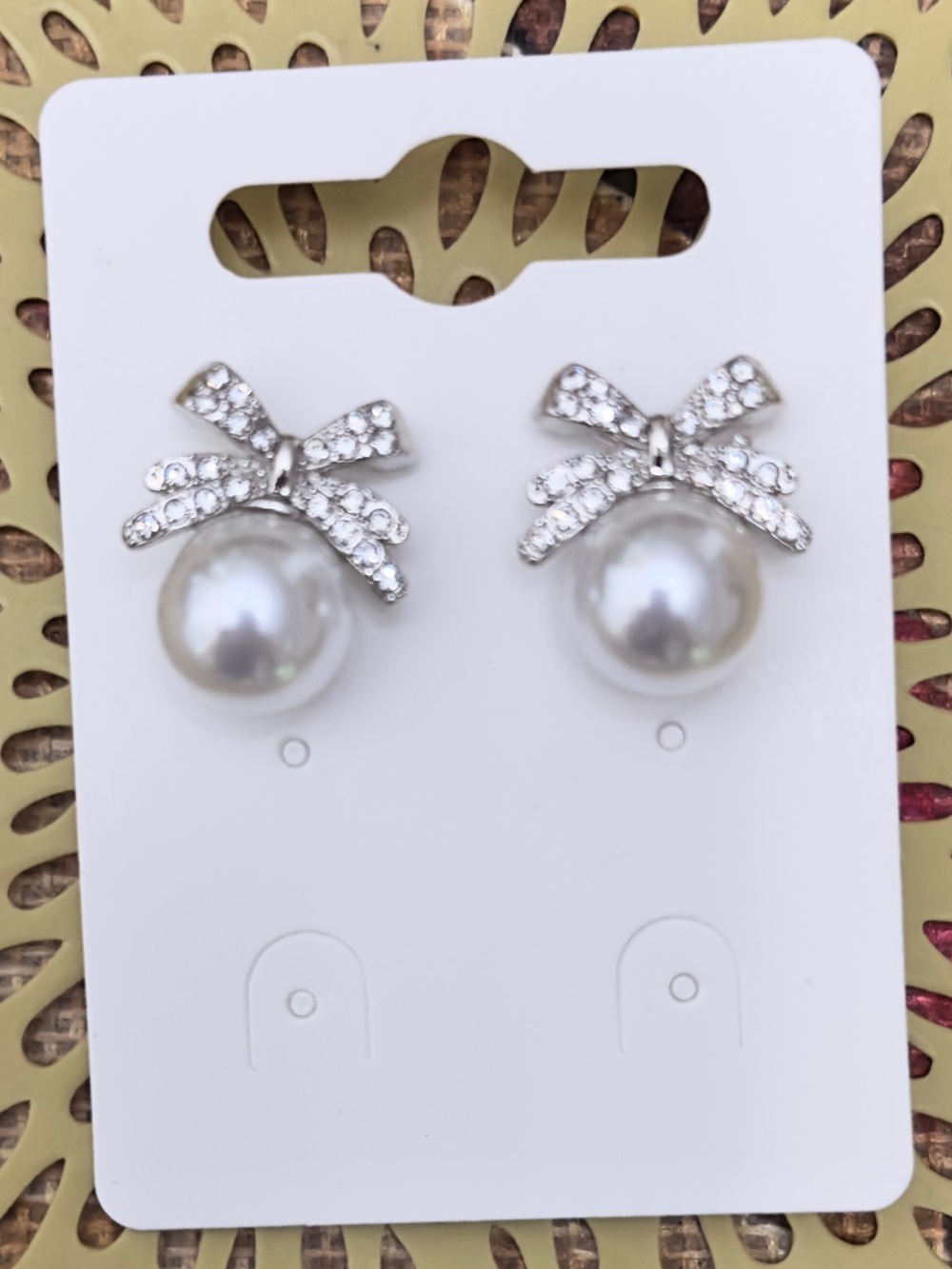 Pearl & Crystal Bow Stud Earrings - White
